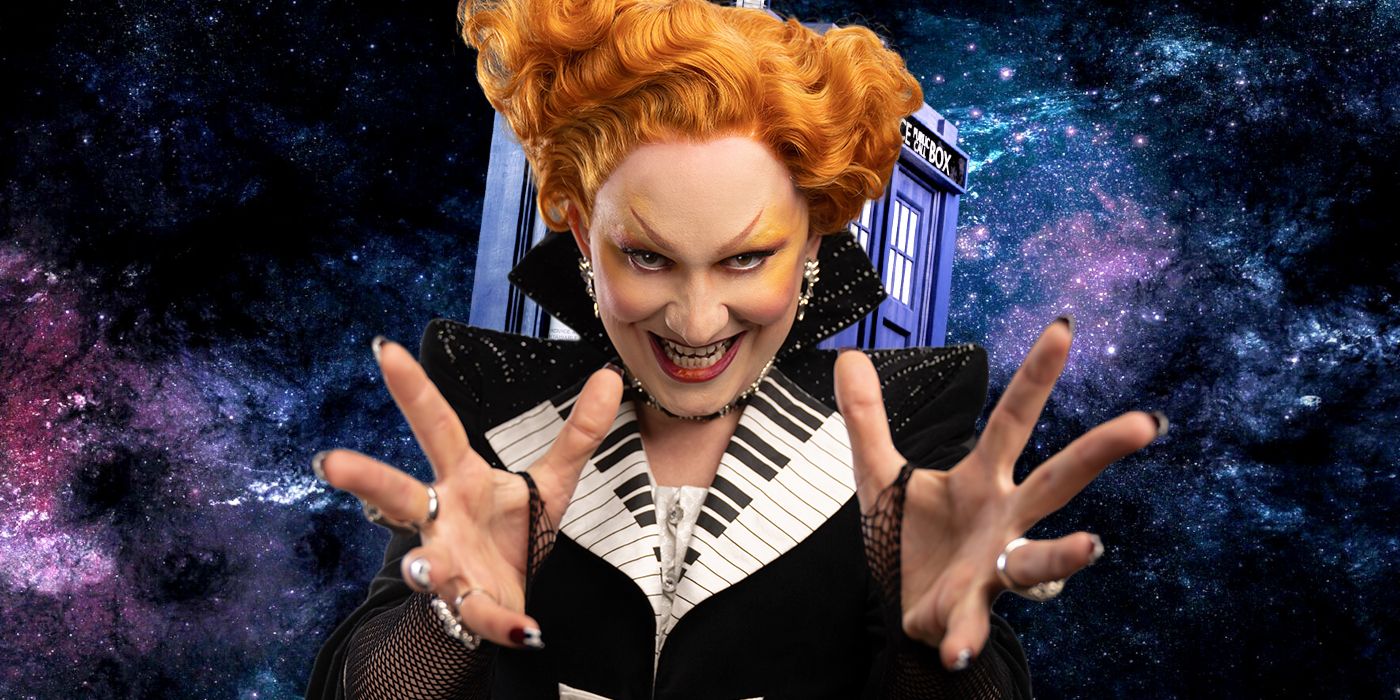 Jinkx Monsoon in Front of the TARDIS from Doctor Who as season 14 villain