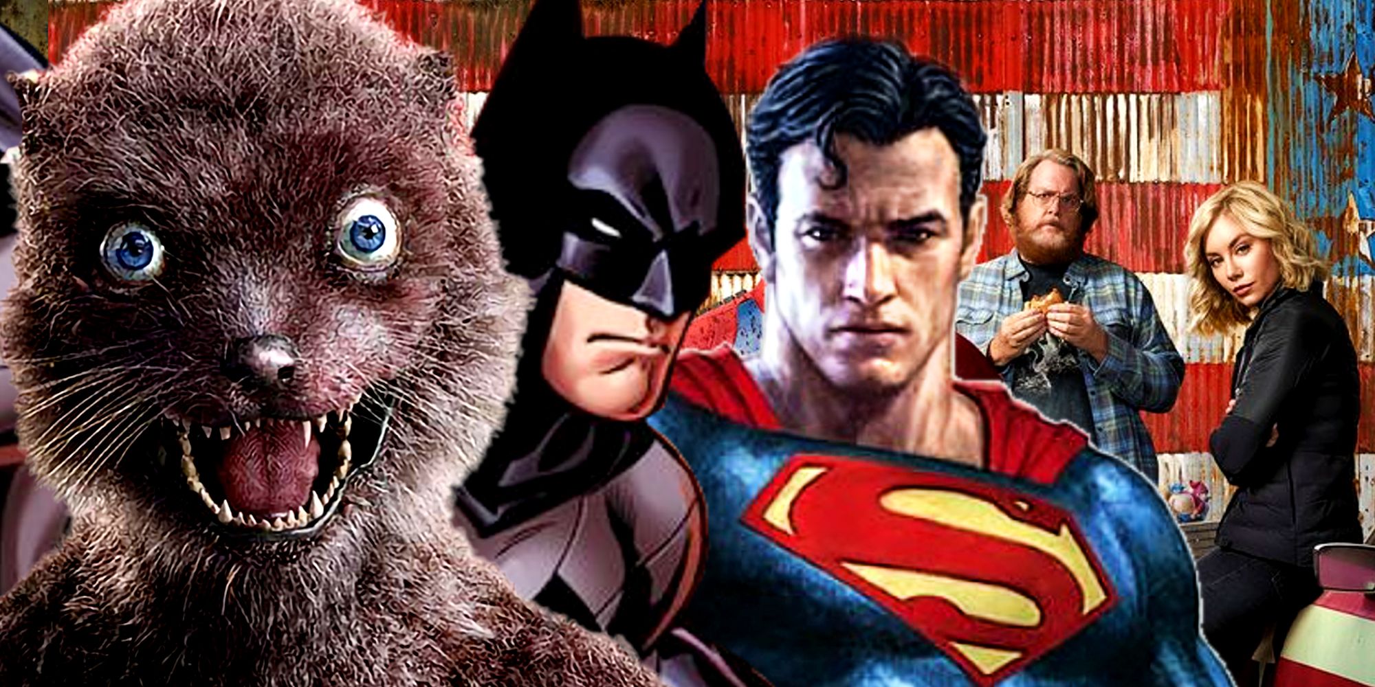 James Gunn's Peacemaker and Weasel with Batman and Superman