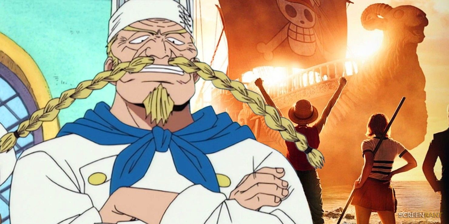 Chef Zeff from One Piece anime superimposed over Netflix live-action poster