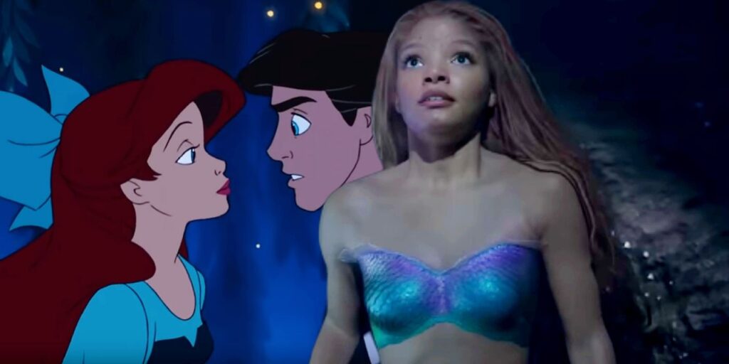 Custom image of the animated Little Mermaid and Halle Bailey in the Little Mermaid live-action remake.