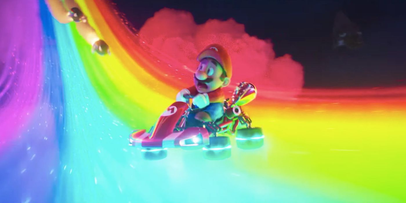 Mario Looking Scared on Rainbow Road in The Super Mario Bros Movie
