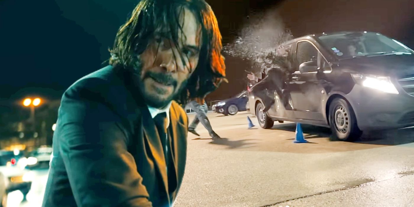 Keanu Reeves as John Wick juxtaposed with Reeves' stunt double being throw into a van.