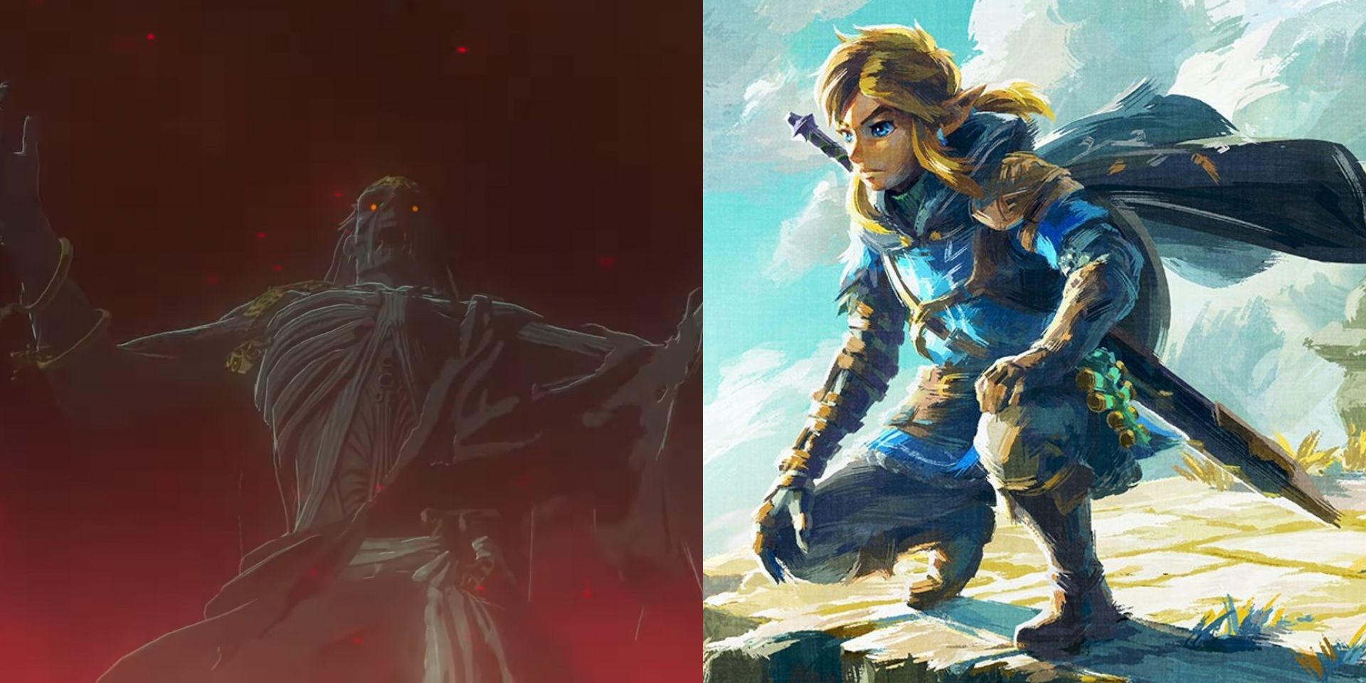 A split image showing Tears of the Kingdom's undead villain on the left, and Link in the key art on the right.
