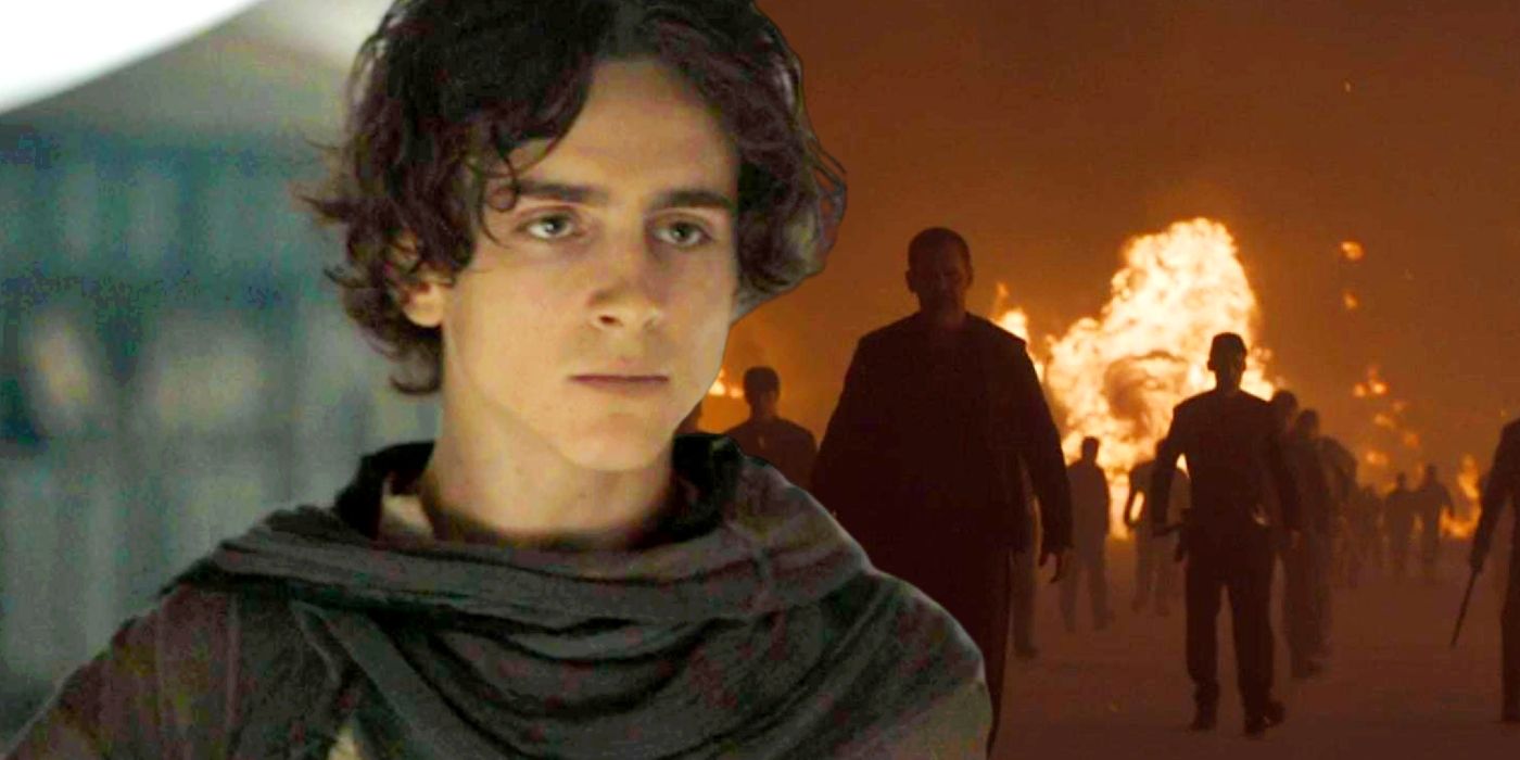 Timothee Chalamet as Paul Atreides juxtaposed with soldiers walking away from a fire in Dune.