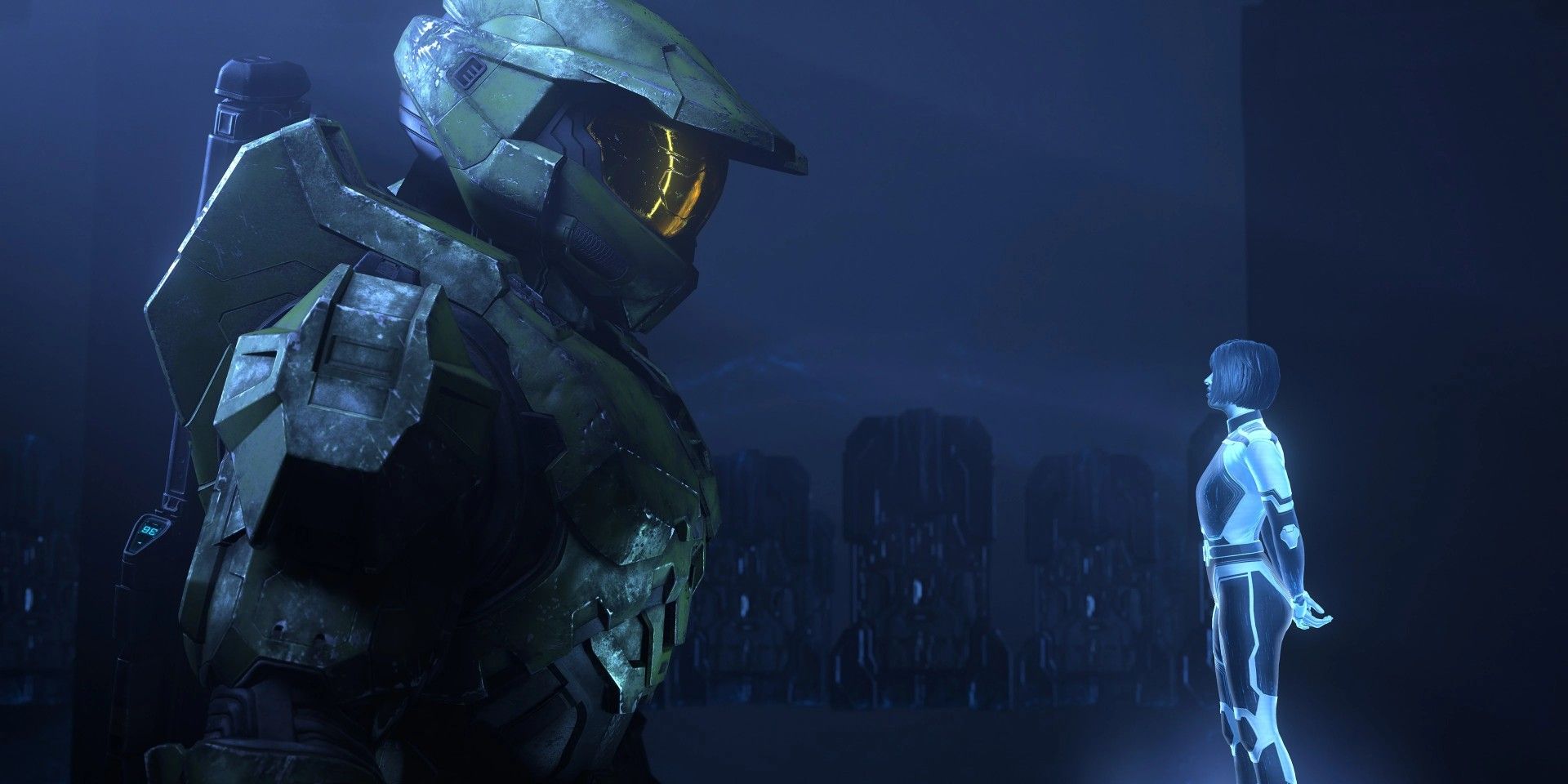 Halo Infinite cutscene of Master Chief talking to Cortana.