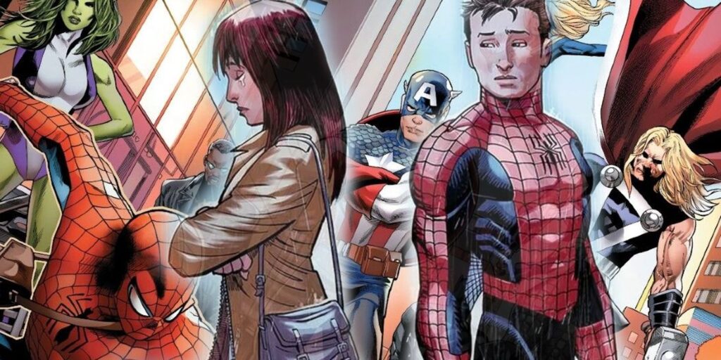 Spider-Man and Mary Jane breaking up in front of the Avengers