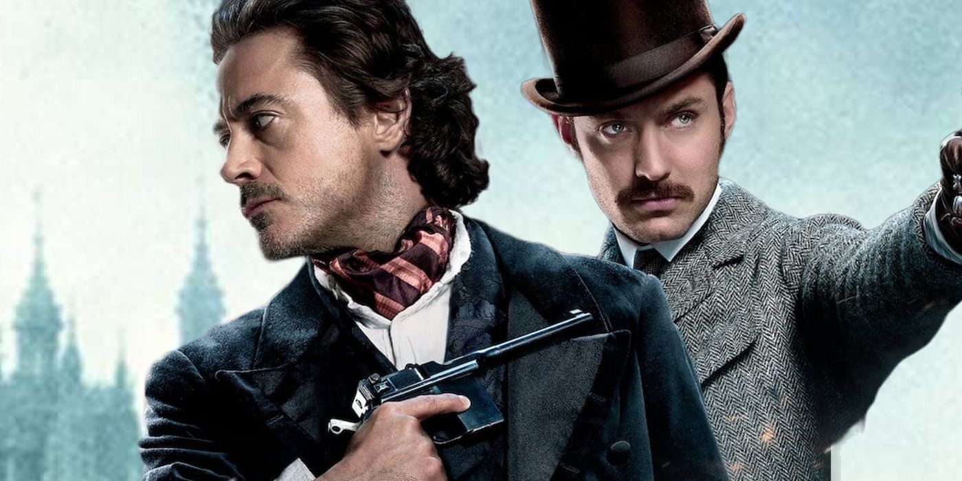 Robert Downey Jr as Sherlock Holmes and Jude Law as Watson from Sherlock Holmes A Game of Shadows Superimposed on London Backdrop