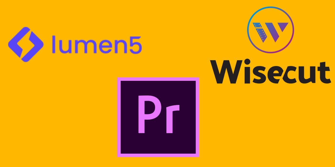 Logo of Lumen5, Wisecut, and Premiere Pro over a yellow background