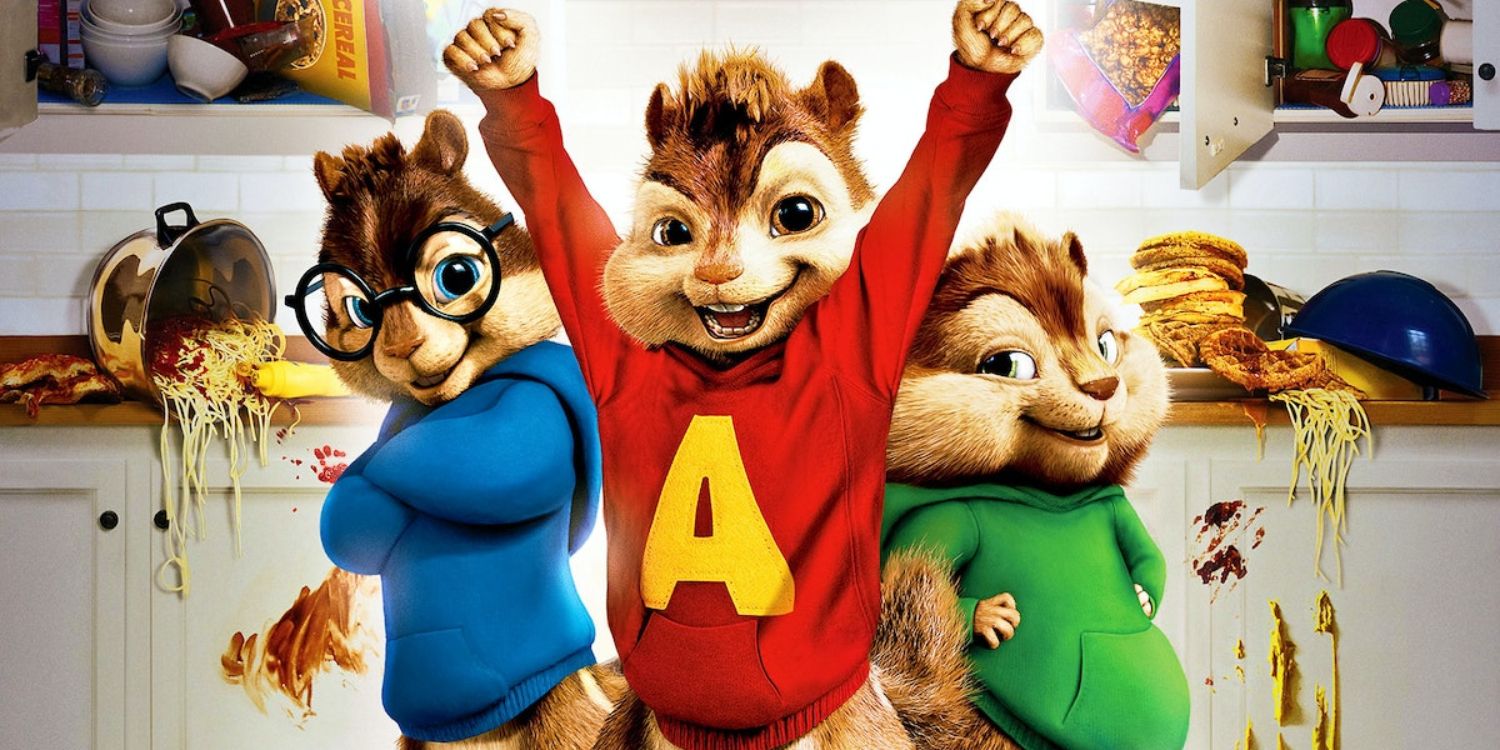 An image of the Chipmunks standing in a messy kitchen
