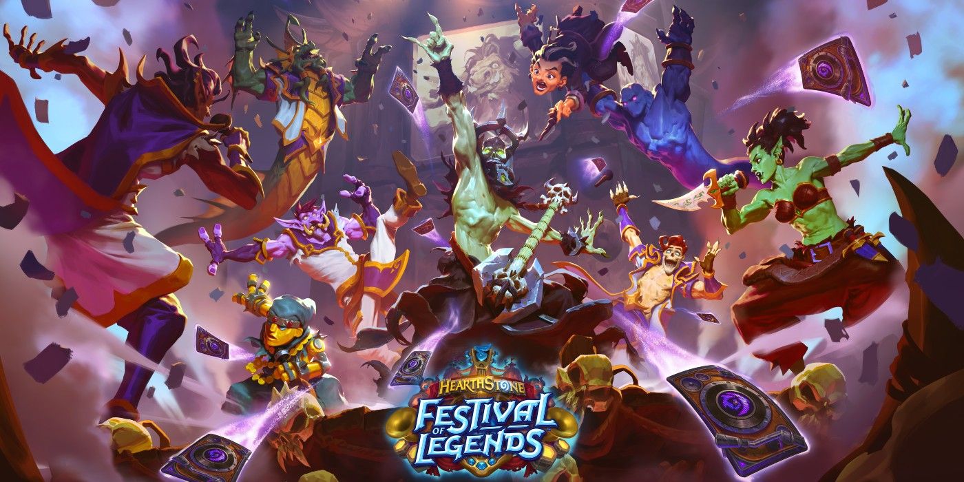 Hearthstone Festival of Legends Key Art showing the title, a Death Knight playing guitar in the middle as other characters lunge towards him and cards fly in the air.
