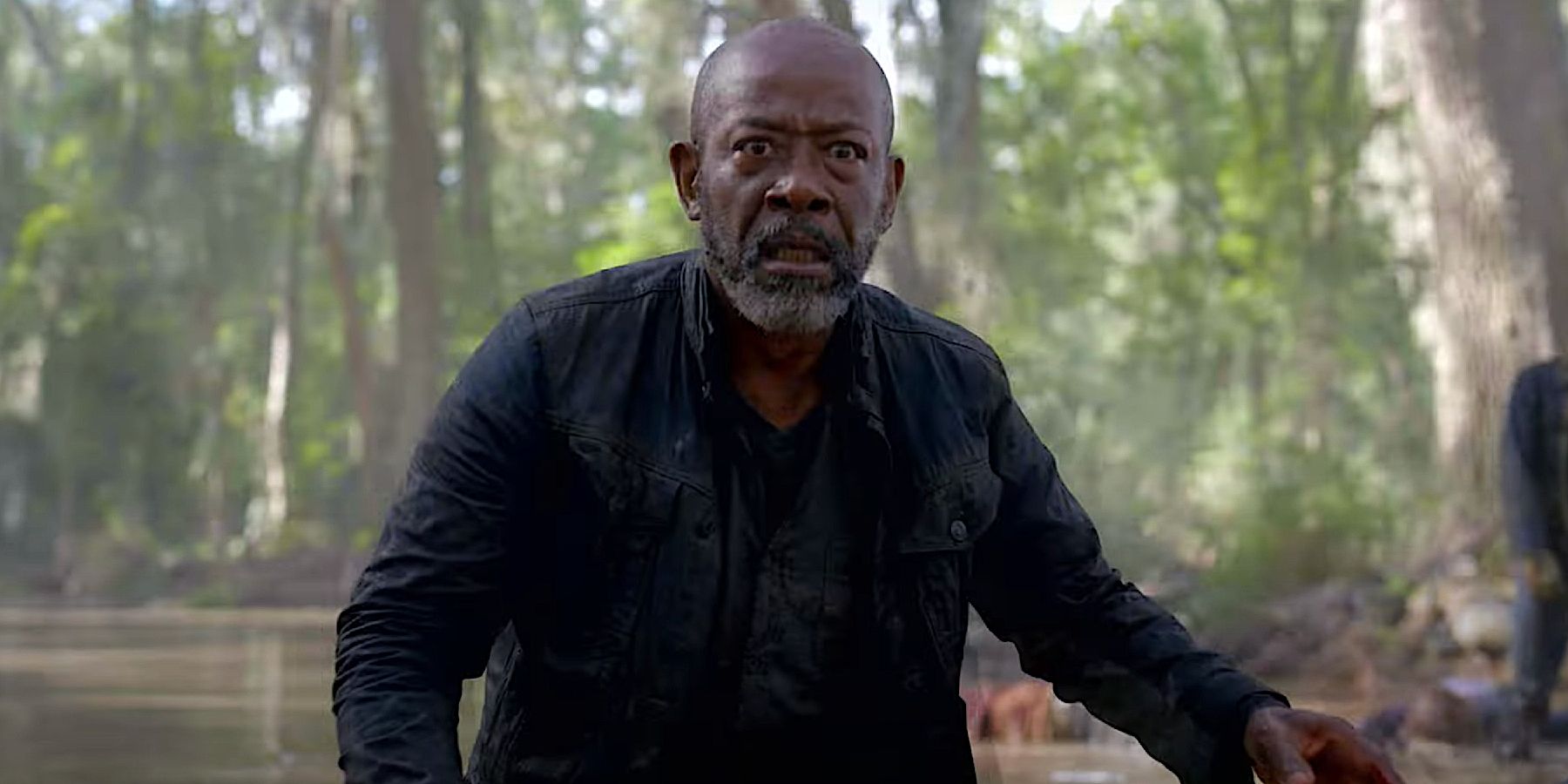 Morgan Jones in a swamp looking scared in Fear the Walking Dead season 8