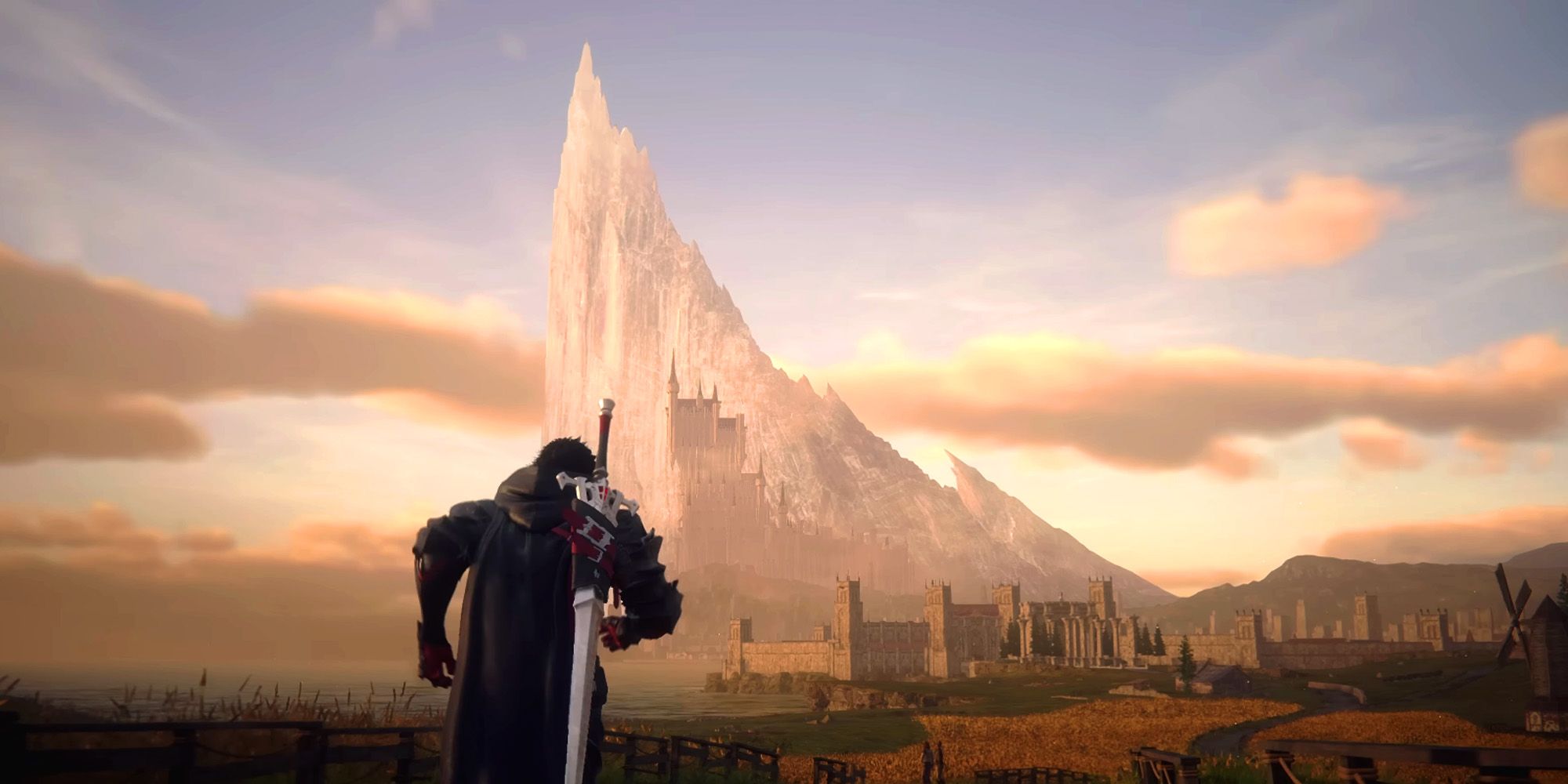 Final Fantasy 16 protagonist Clive running across a landscape with fields of wheat toward a city. A tall moutnain spire is in the background.