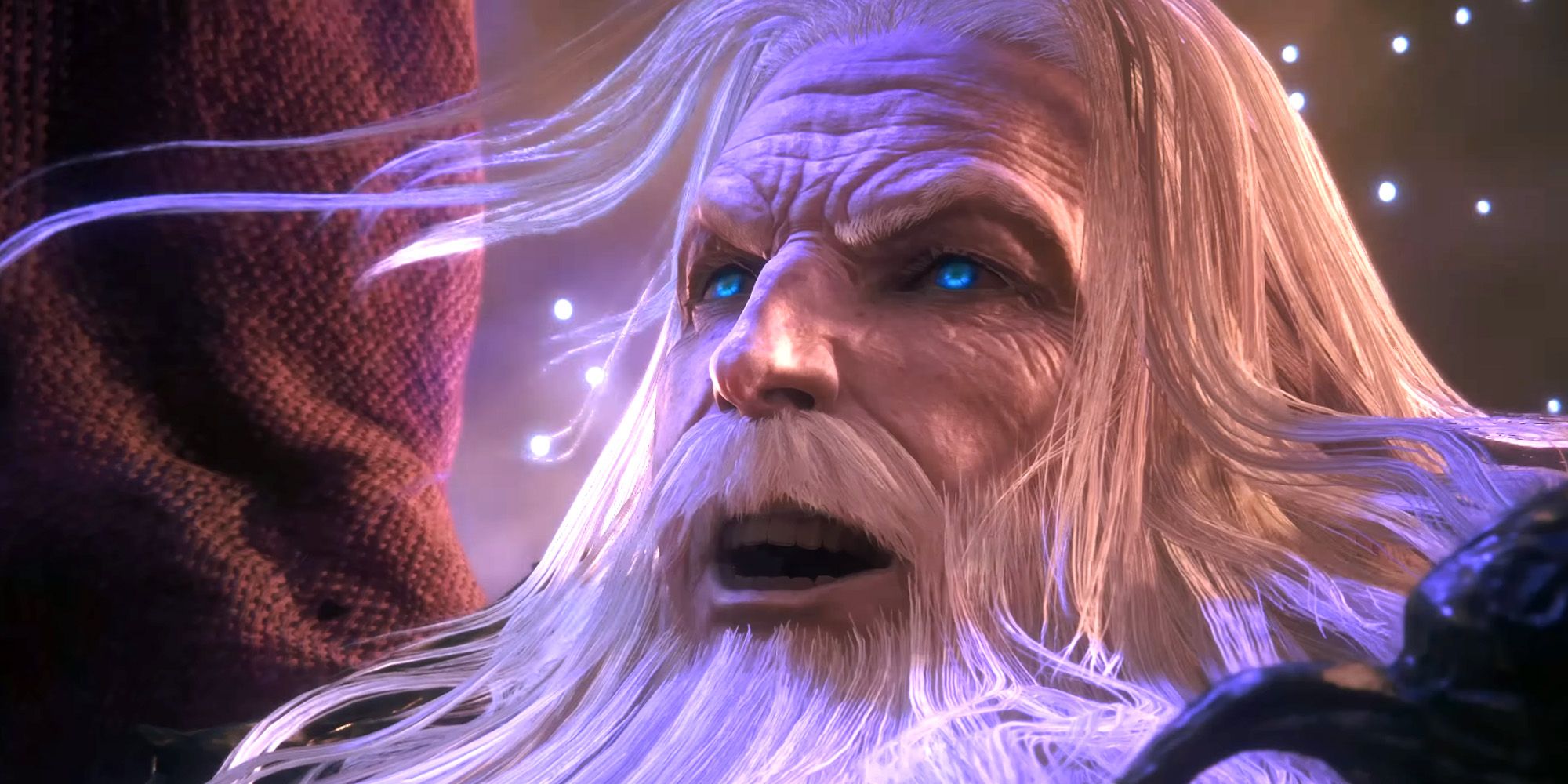 A close-up of the Eikon Ramuh in Final Fantasy 16, appearing as an elderly man with long white hair and beard and bright blue eyes.