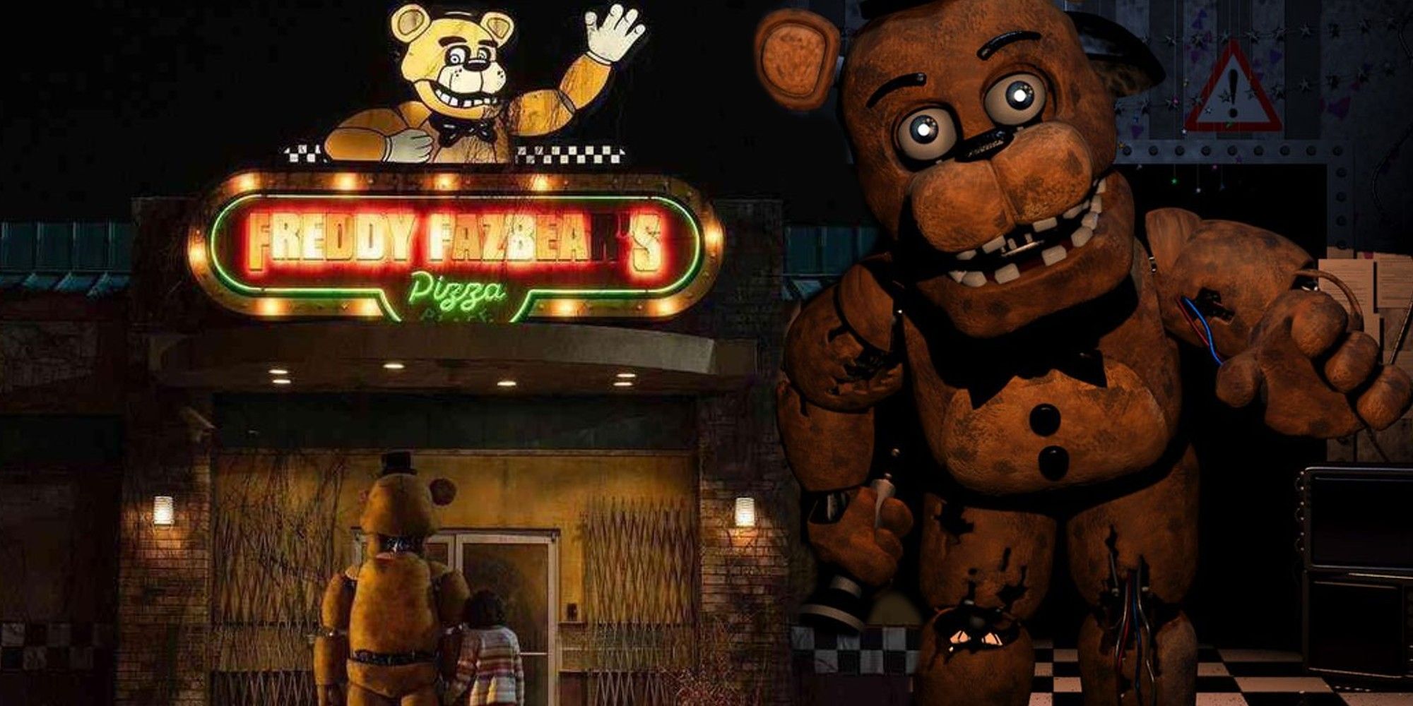 Blended image of Freddy outside the pizza and a scary Freddy from the game