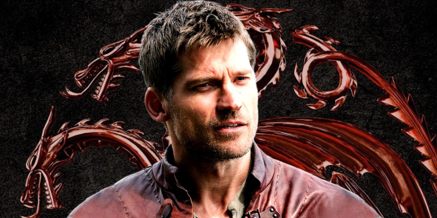 Nikolaj Coster-Waldau as Jaime Lannister from Game of Thrones Looking Confused in Front of the House of the Dragon Logo