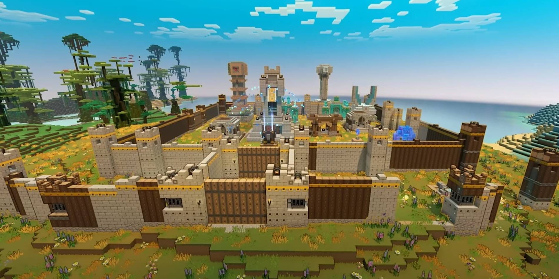 Minecraft Legends Built Base Against Piglin Armies with Multiple Towers, Walls, and Spawners