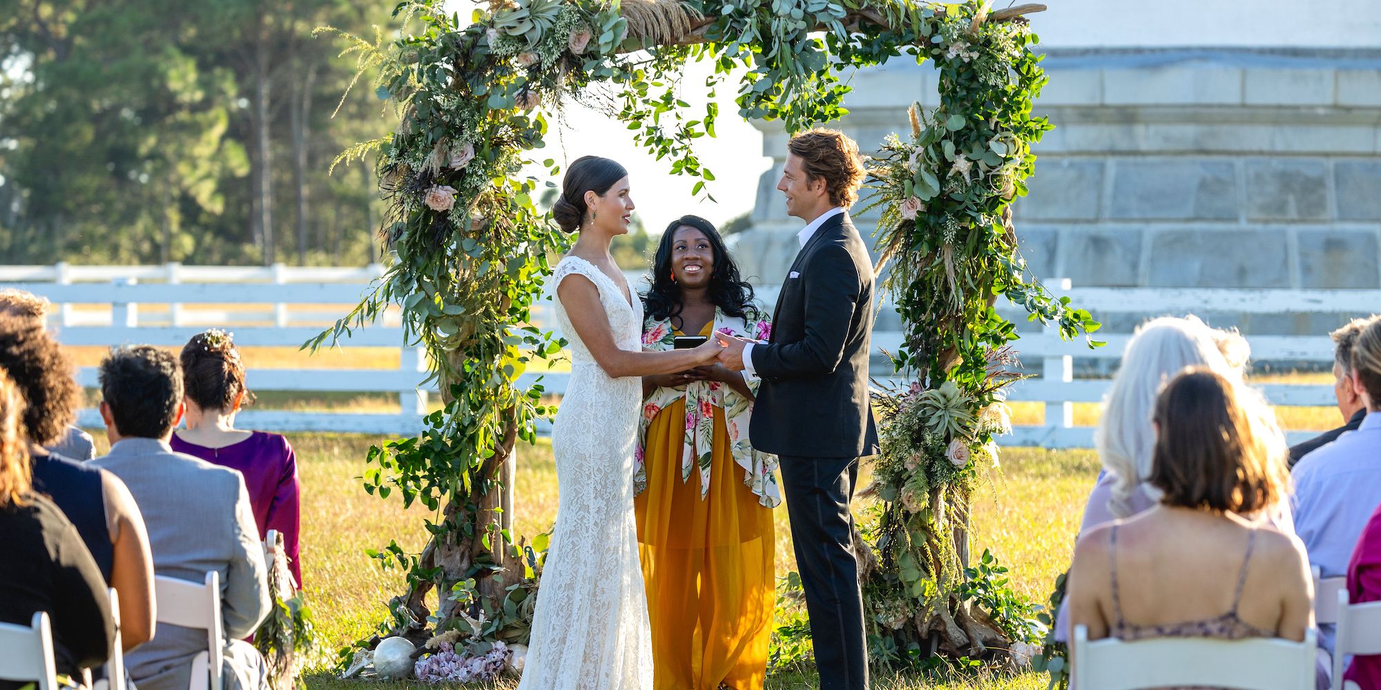 Phillipa Soo and Luke Bracey at the wedding altar in One True Loves