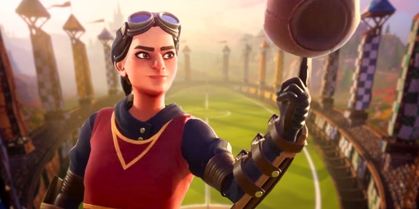 A female Quidditch player wearing a Gryffindor uniform and balancing a Quaffle on her finger with the Quidditch pitch from Harry Potter: Quidditch Champions in the background.