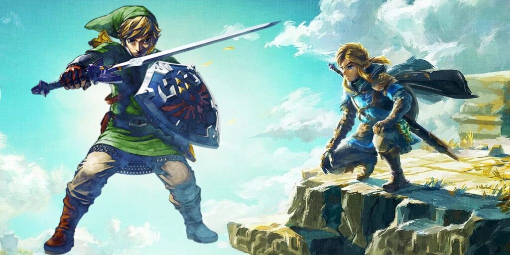 Zelda's artwork in Skyward Sword on the left, superimposed on the official artwork for Tears of the Kingdom, with Link kneeled down looking at Hyrule from the edge of a Sky Island. The sky is clear blue, with a few surrounding clouds.