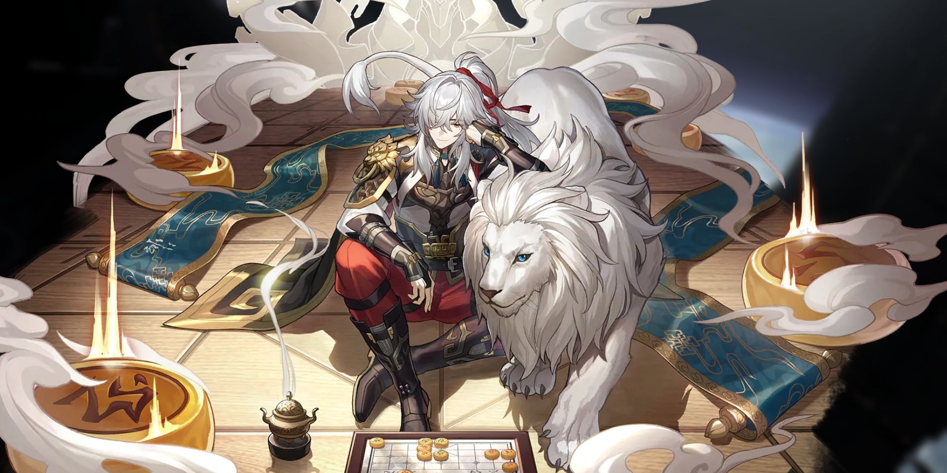 Honkai Star Rail's Jing Yuan rests his head on his hand while sitting down next to his white-furred lion. He looks at a game board, while smoke surrounds him.