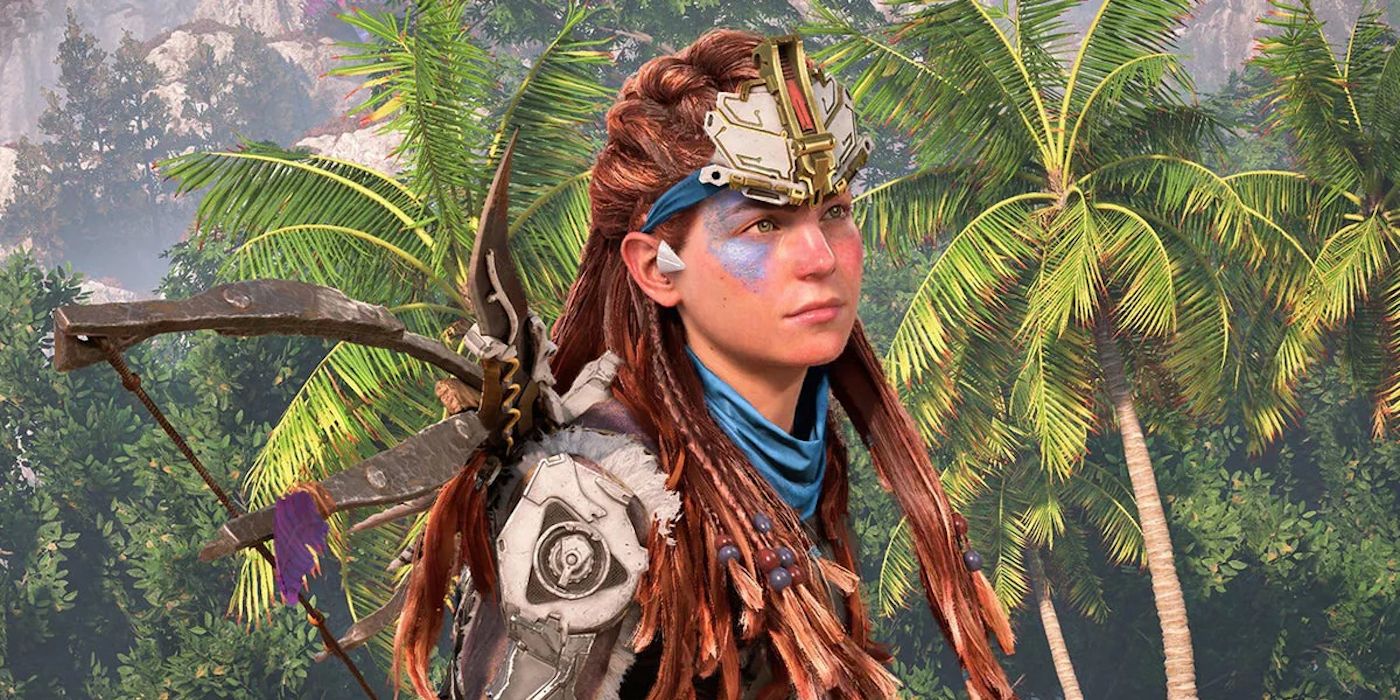 Aloy standing among palm trees in Horizon Forbidden West.