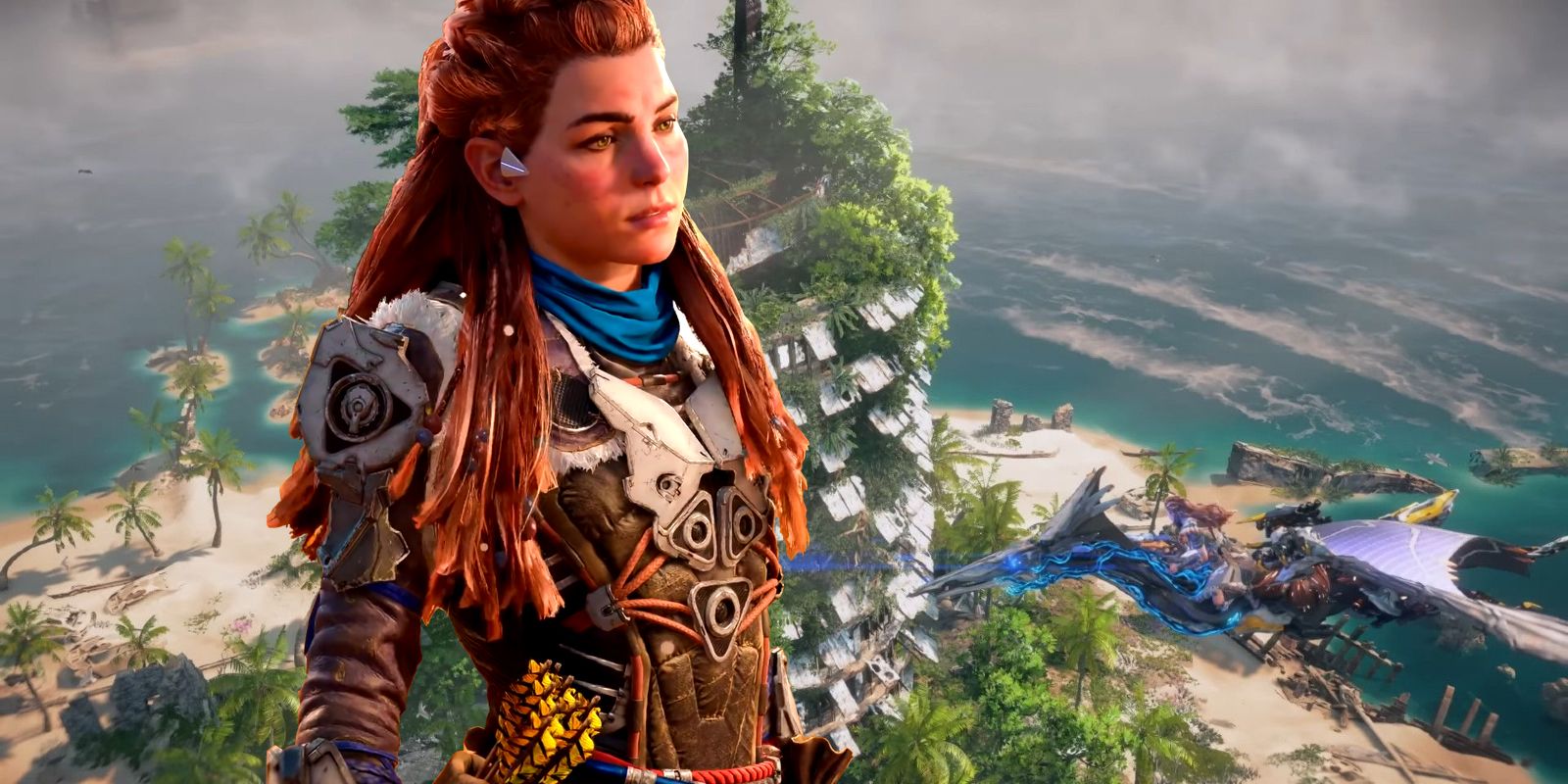 A cut out of Aloy from Horizon Forbidden West in front of a screenshot showing her riding on a Sunning over an island in the Burning Shores, the Horizon universe's name for Los Angeles.