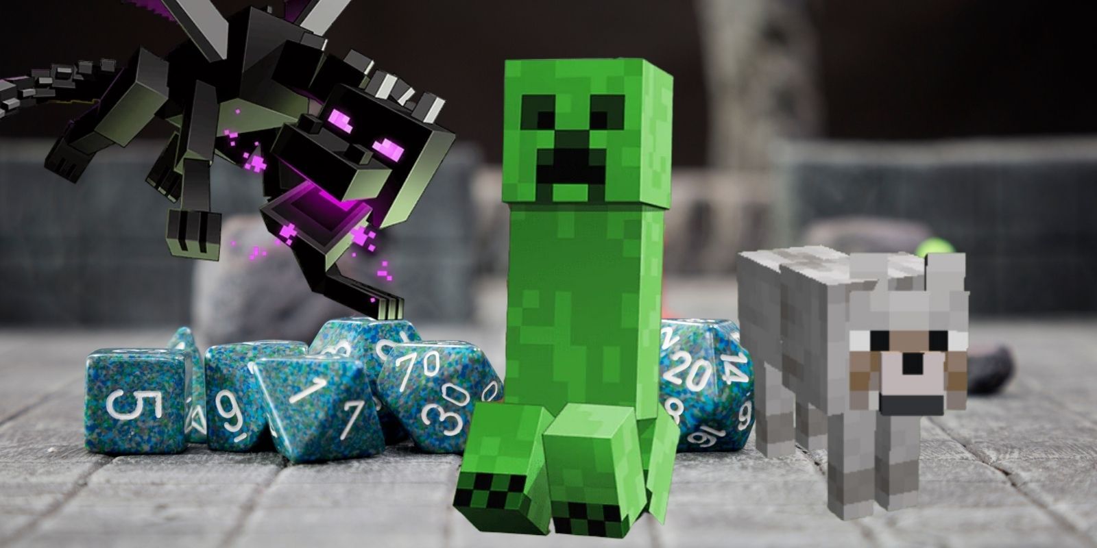 A Minecraft enderdragon, creeper, and an overworld wolf all on a DnD battle mat in front of a pile of dice.