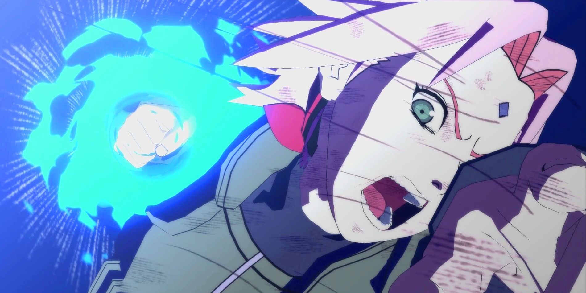 Naruto character Sakura is seen in a screen shot from the game Naruto Ninja Storm 4 as she is about to land a blue colored punch while yelling. She is wearing a Jonin vest and has a purple square on her forehead.