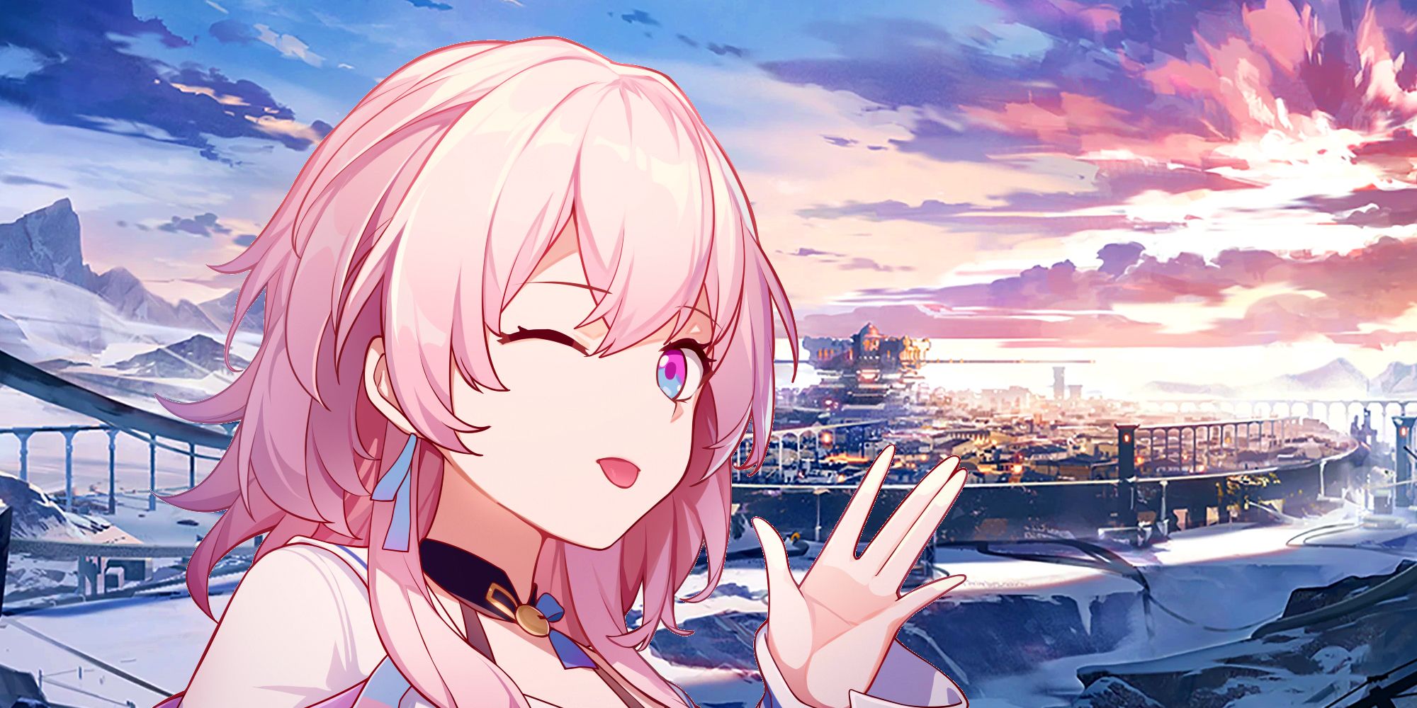 Honkai: Star Rail character March 7th waving and winking at the camera in front of a snowy cityscape in the distance.