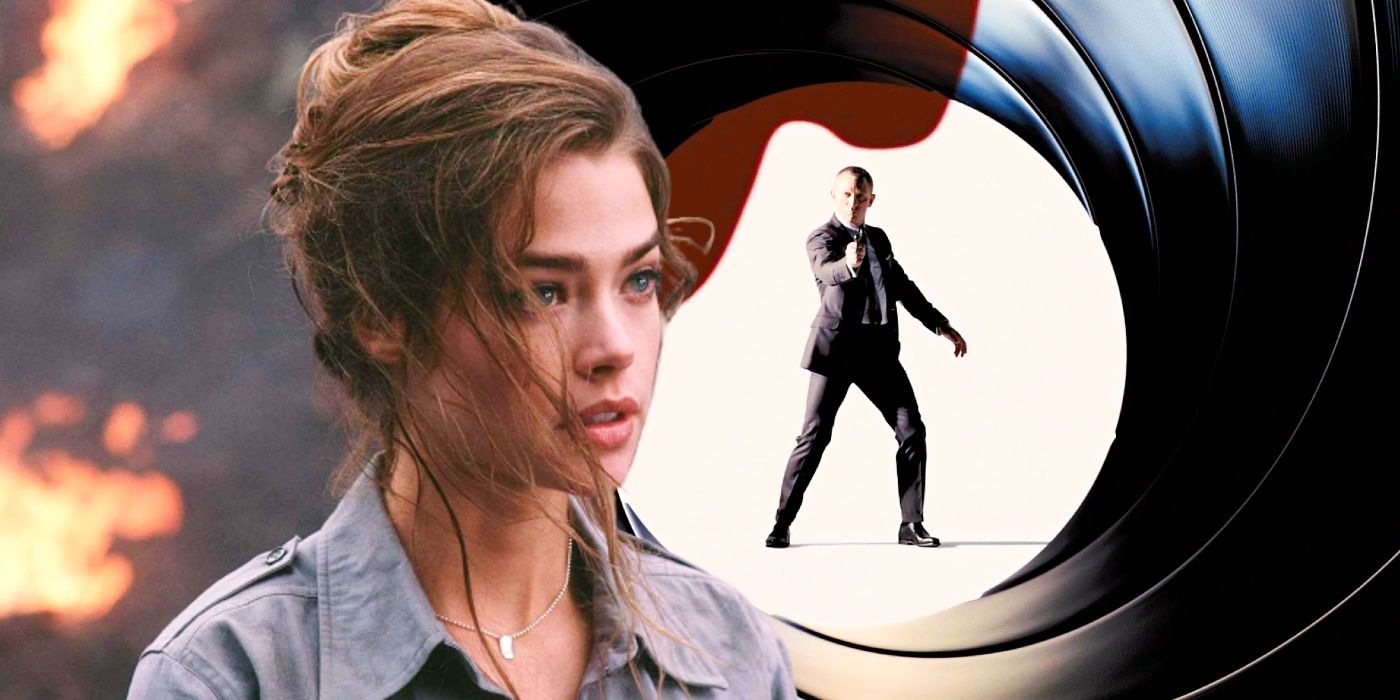 Denise Richards in The World Is Not Enough juxtaposed with Daniel Craig's James Bond gun barrel sequence.
