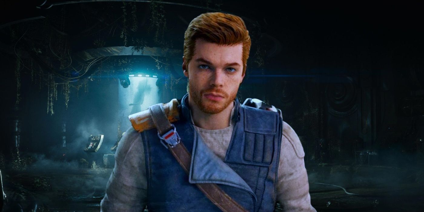 An older Cal Kestis with facial hair in Star Wars Jedi: Survivor looking at the camera with a Bacta tank glowing behind him
