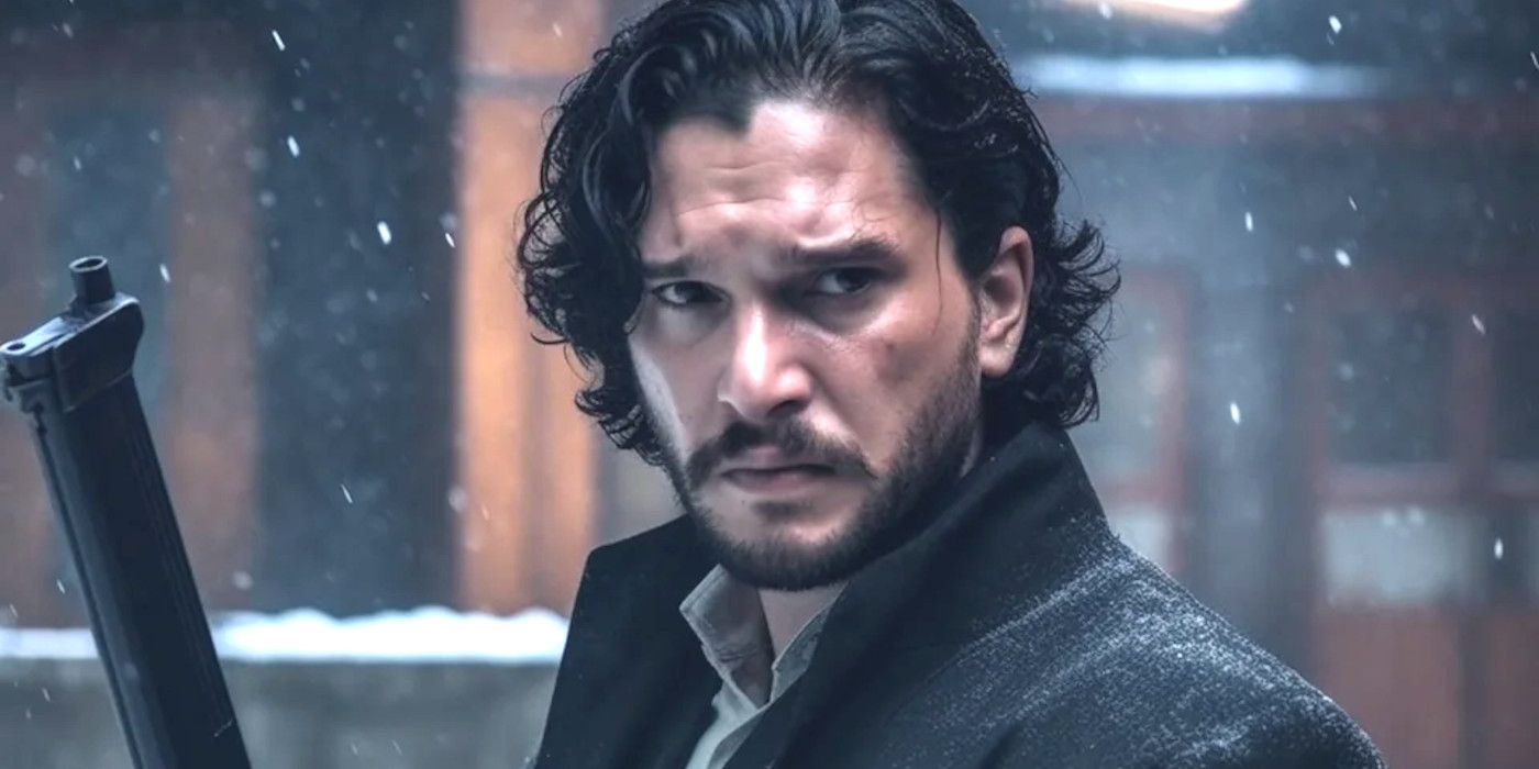 Kit Harington as John Wick holding a gun and posing in a snowy scene in front of a building