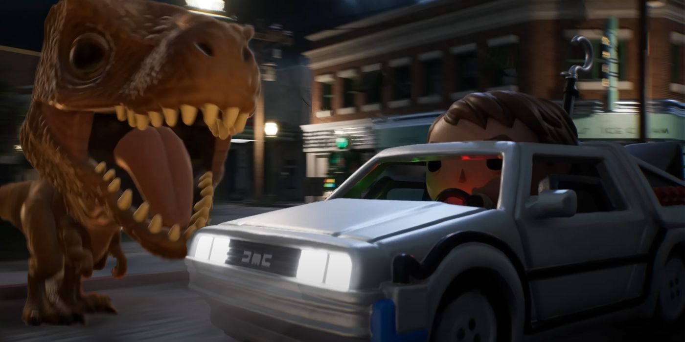 The t-rex from Jurassic Park charges at the Delorean from Back to the Future in a mash up image using assets from Funko Fusion's reveal trailer.