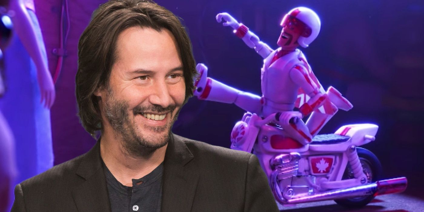 Blended image of Keanu Reeves smiling and Duke Caboom on his bike in Toy Story 4