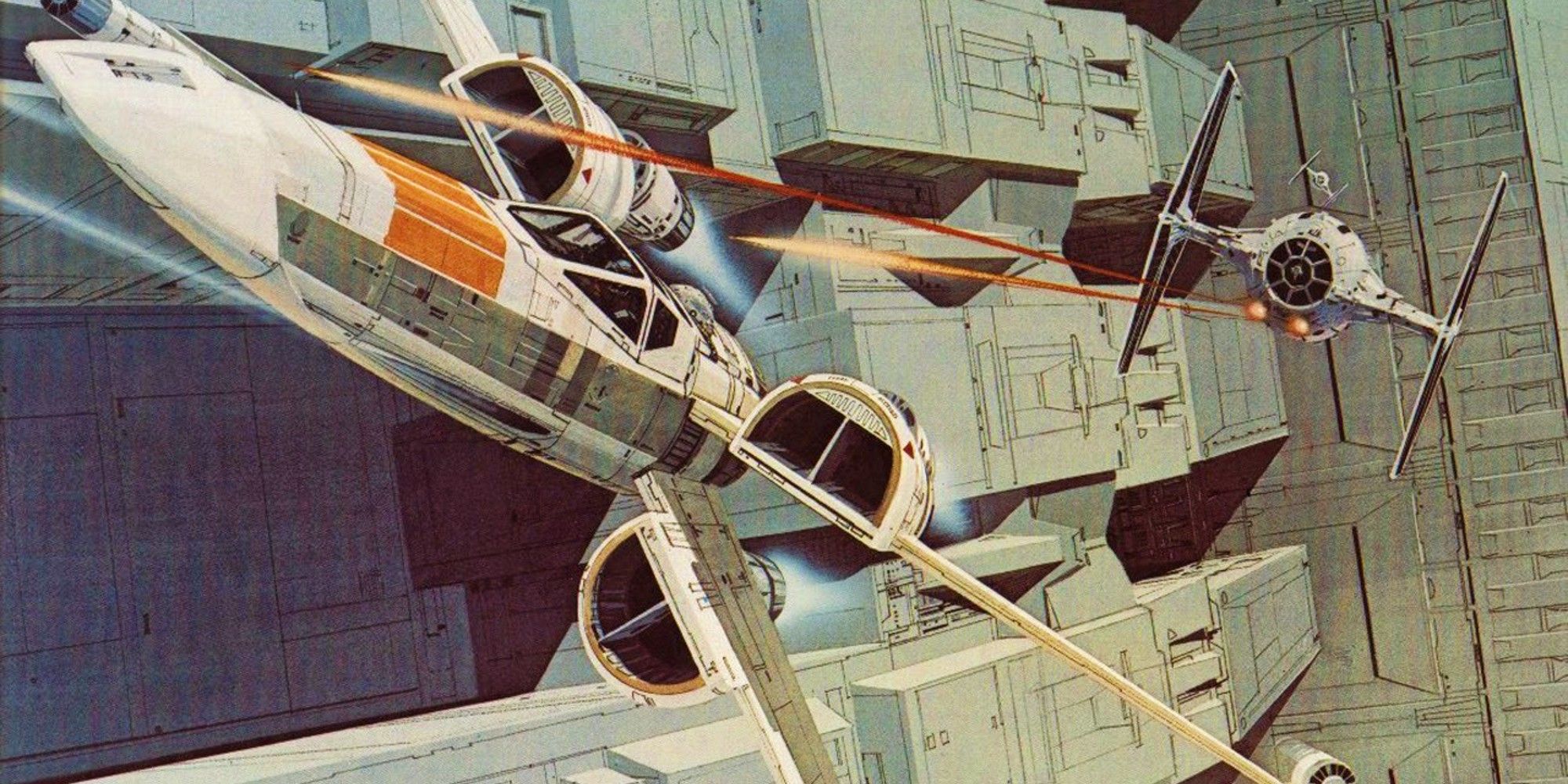 Original McQuarrie art of a X-Wing and TIE Fighter from Star Wars