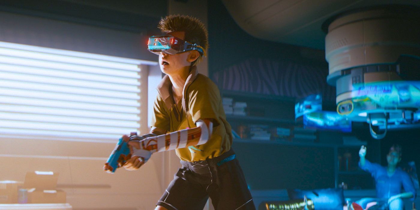 A young boy wearing a brain dance headset and holding a toy pistol in one of Cyberpunk 2077's apartments.