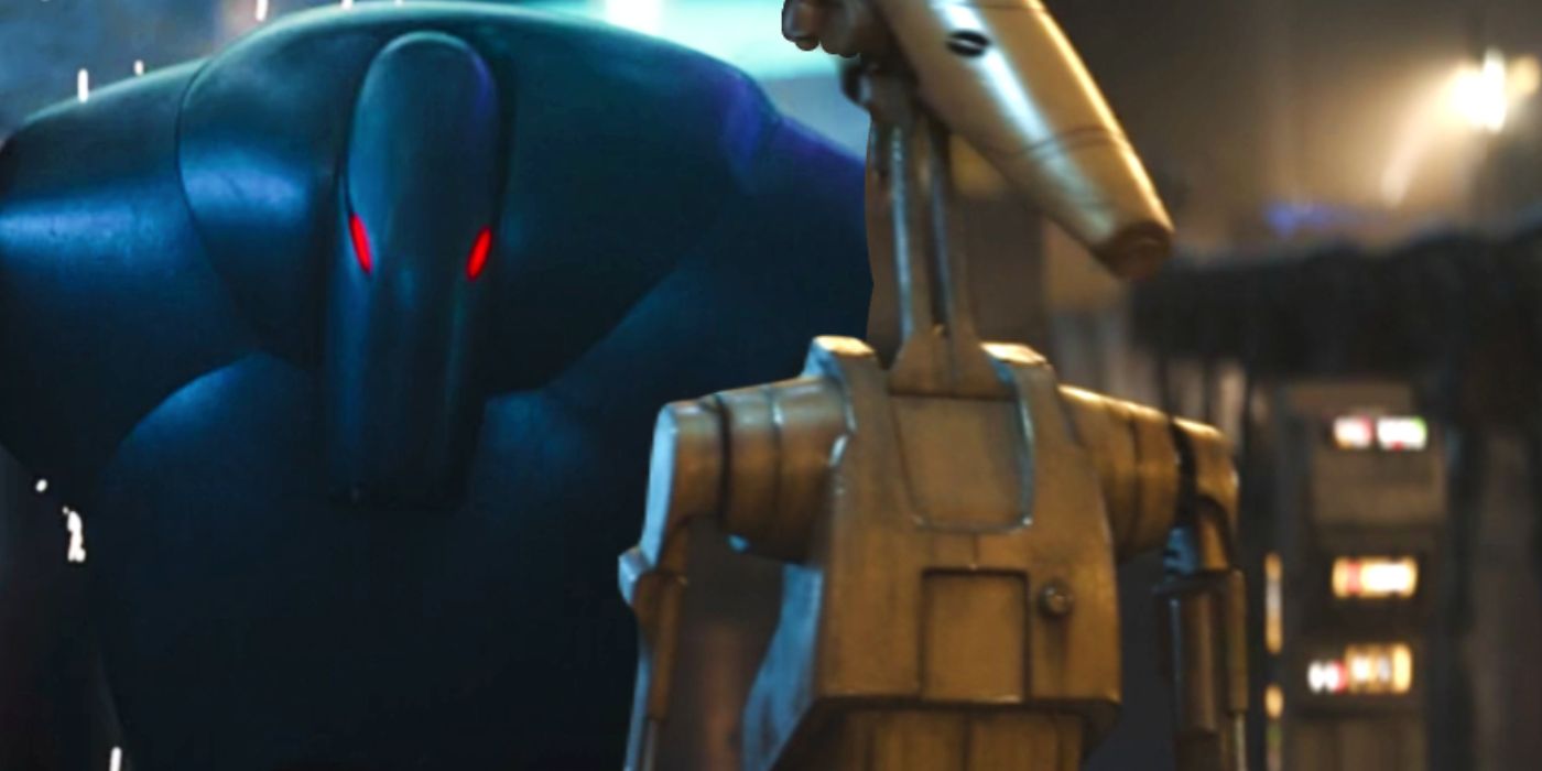 A B2 super battle droid and a B1 battle droid in The Mandalorian season 3, episode 6