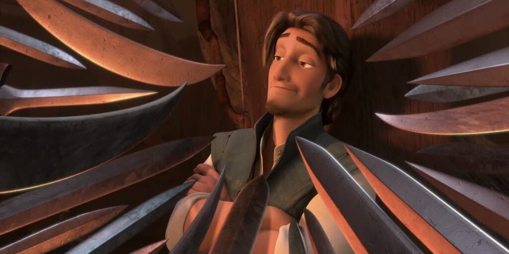 Swords pointed at Flynn in Tangled