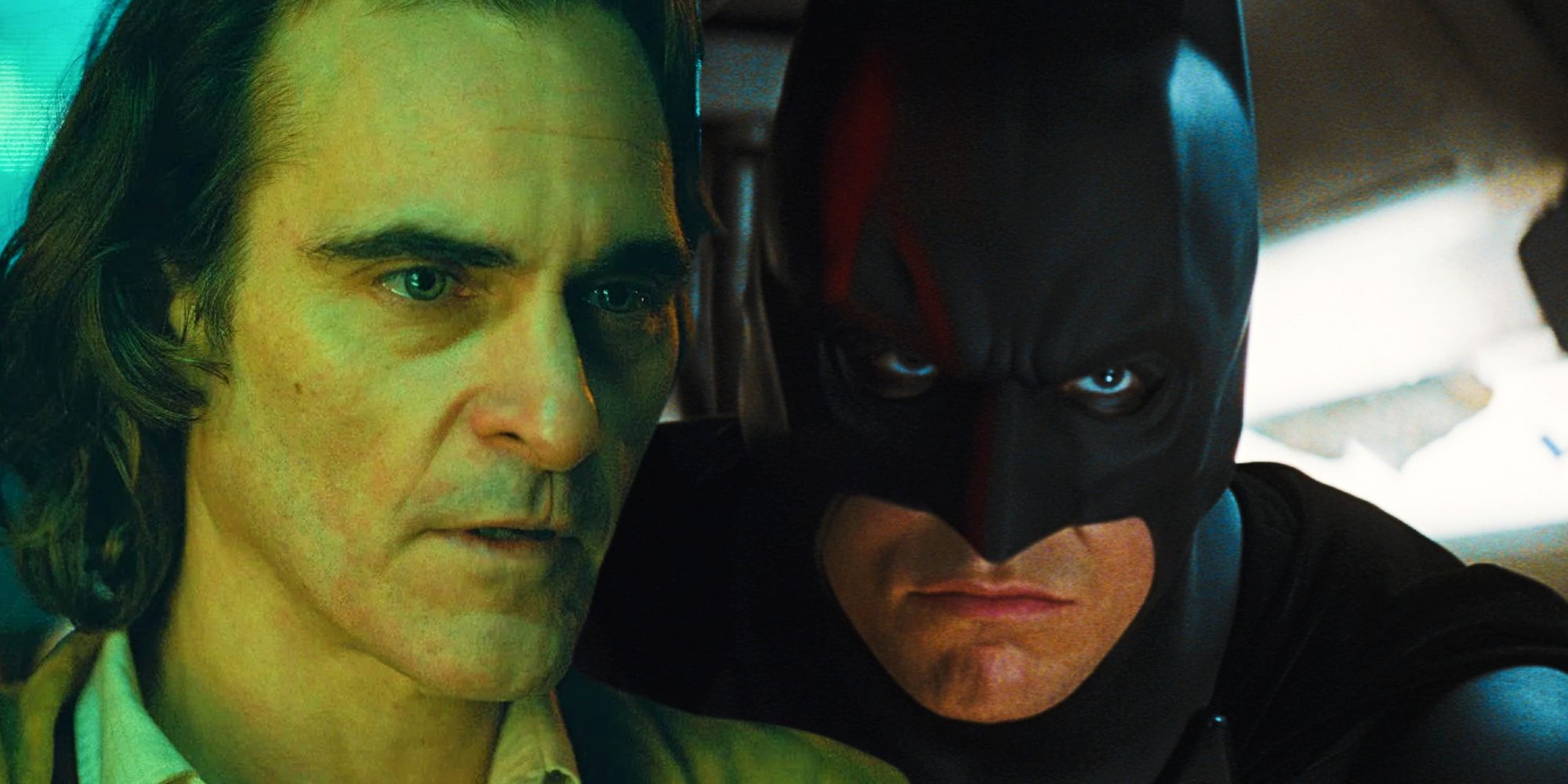 Joaquin Phoenix as Arthur Fleck in Joker and Christian Bale as Batman in Batman Begins