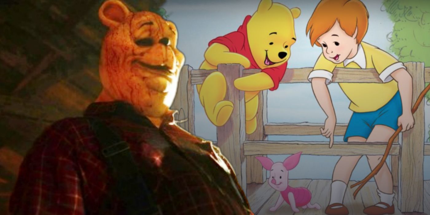 Blended image of Bloody Pooh from Blood and Honey and Christopher Robin with Winnie in Disney movie