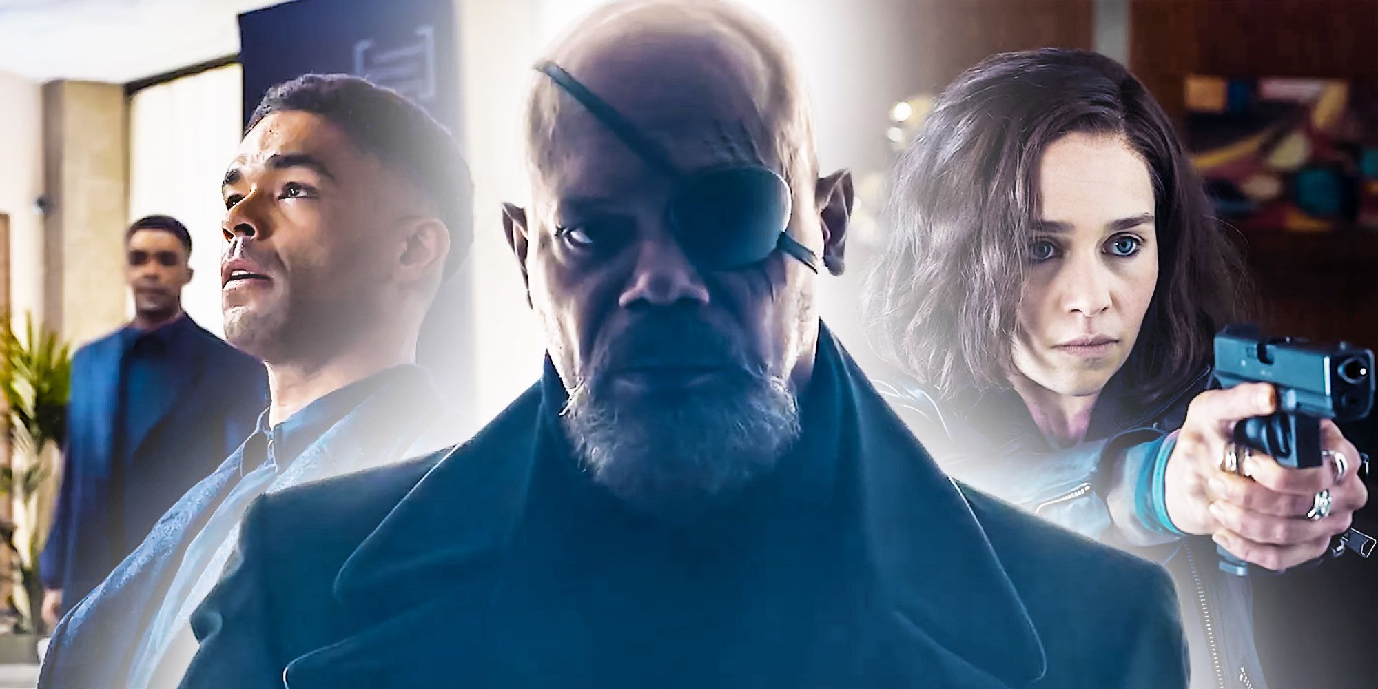 Samuel L. Jackson, Emilia Clarke, and Kinglsey Ben-Adir in Secret Invasion