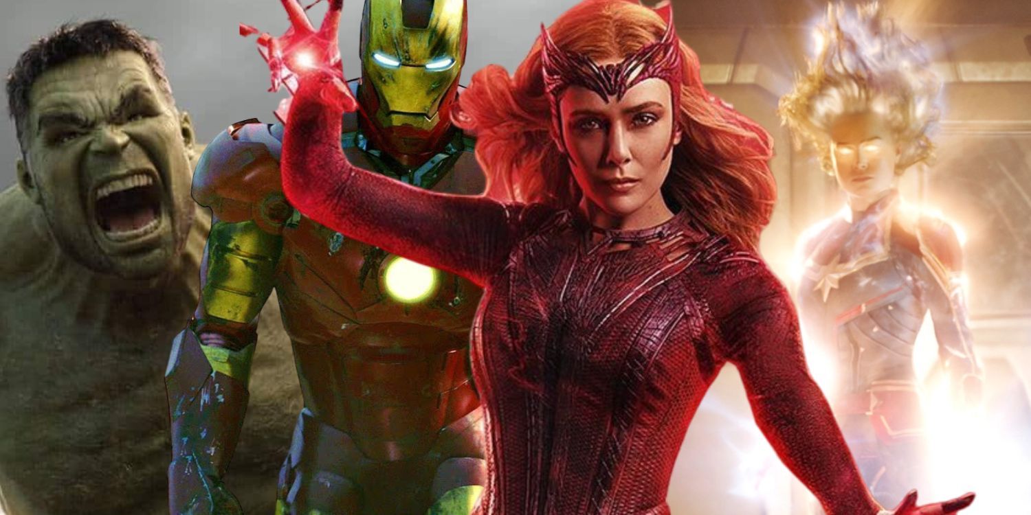 Split Image of Hulk, Iron Man, Scarlet Witch, and Captain Marvel