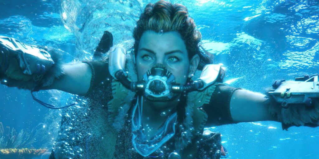 Horizon Forbidden West's Aloy swimming underwater. She wears a small mask over her nose and mouth that provides her with oxygen.