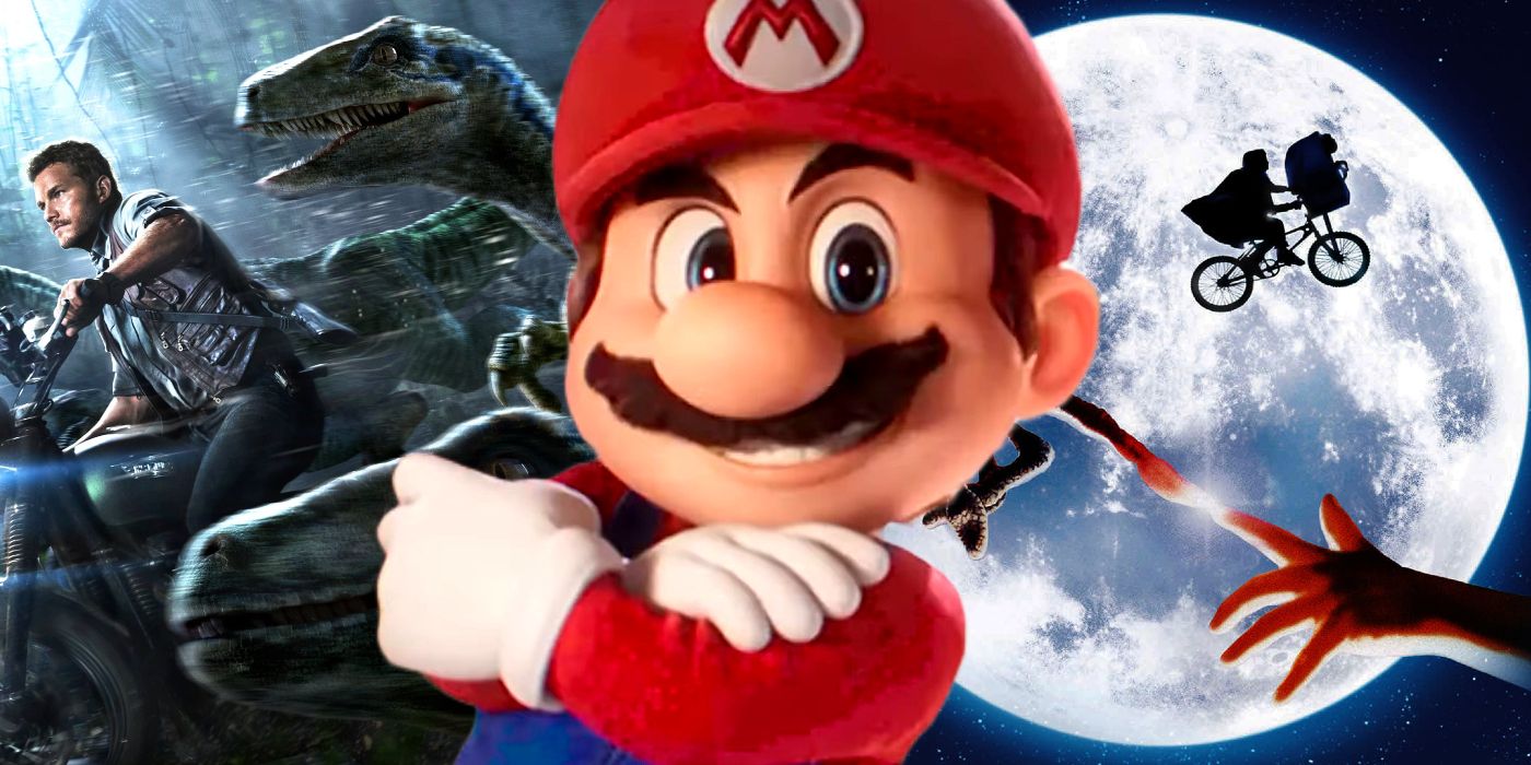 Mario Posing in Front of Jurassic World and ET