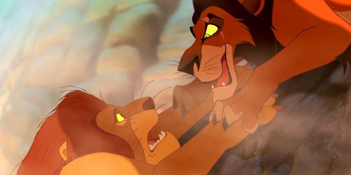 Scar talking to Mufasa right before dropping him in The Lion King