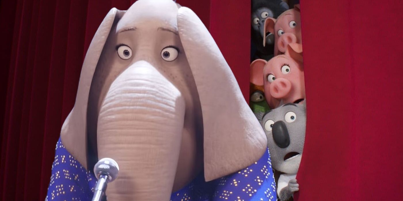 Meena the Elephant at the Microphone with the Sing 2 Cast Peeking Out from the Curtain Behind Her