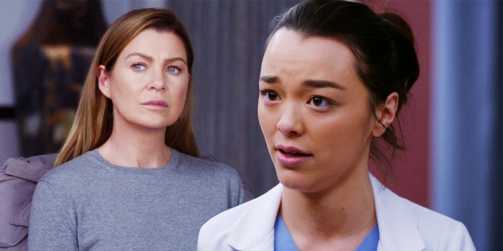 Ellen Pompeo as Meredith Grey in Grey's Anatomy S16 and Midori Francis as Mika Yasuda in Grey's Anatomy S19