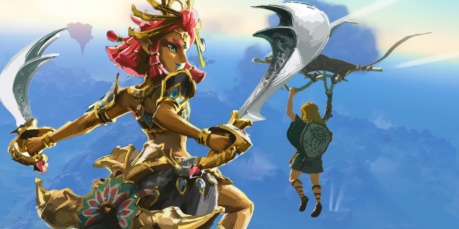 Artwork of Riju from Tears of the Kingdom over a screenshot from the game's third trailer showing Link using his paraglider far above the ground.