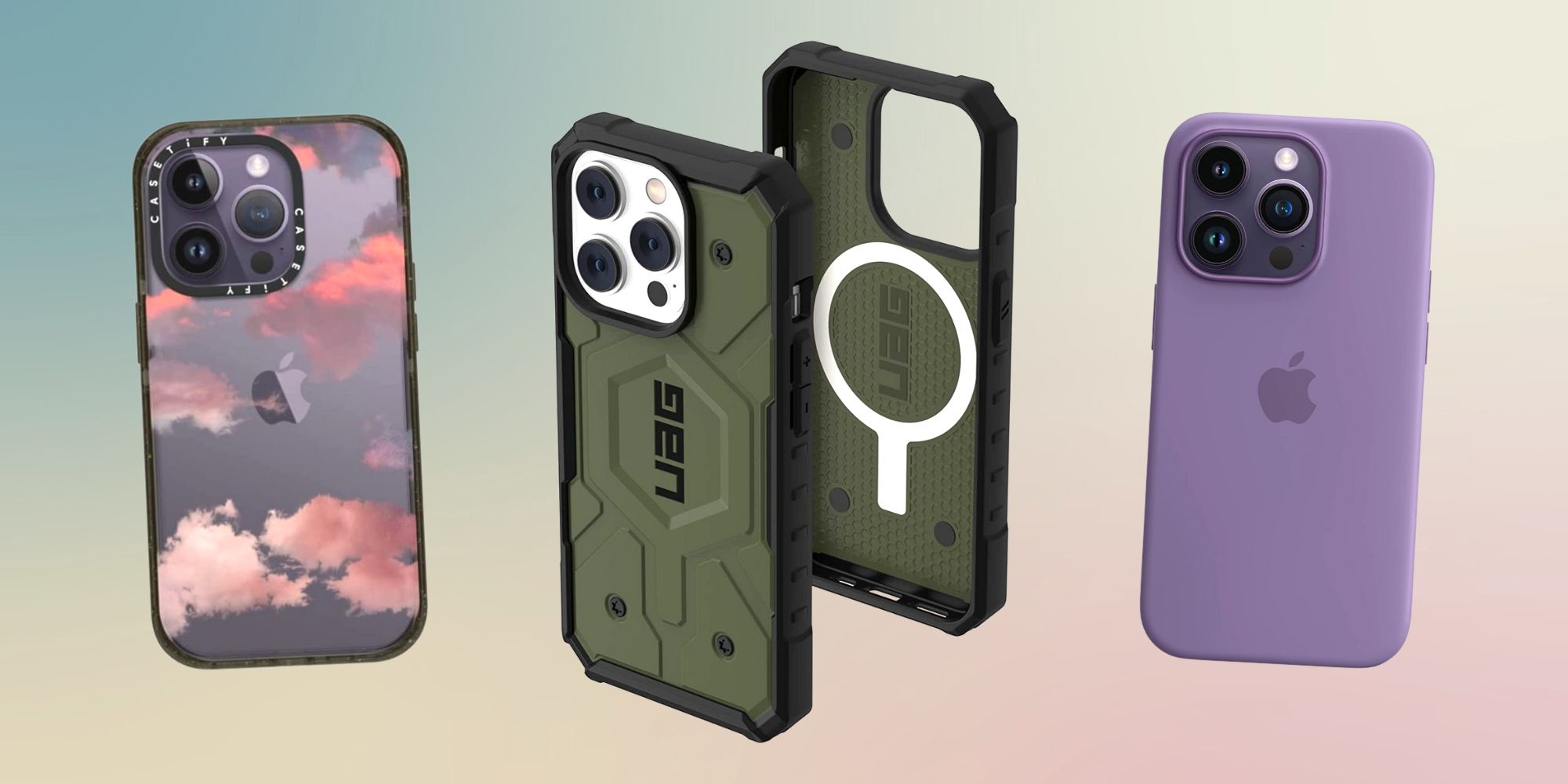 Image of the Casetify case, UAG armor case, and the Apple Silicone MagSafe Case on a gradient background