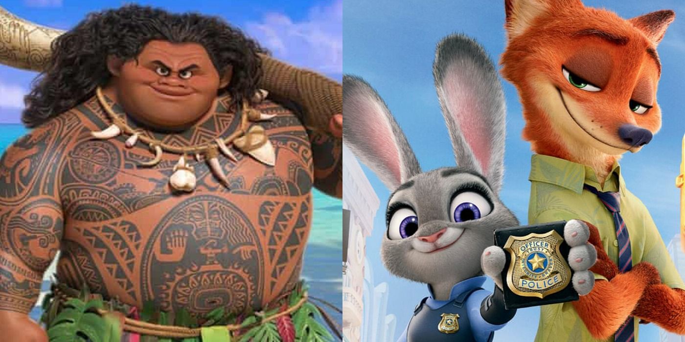 A split screen image of Moana and Zootopia.